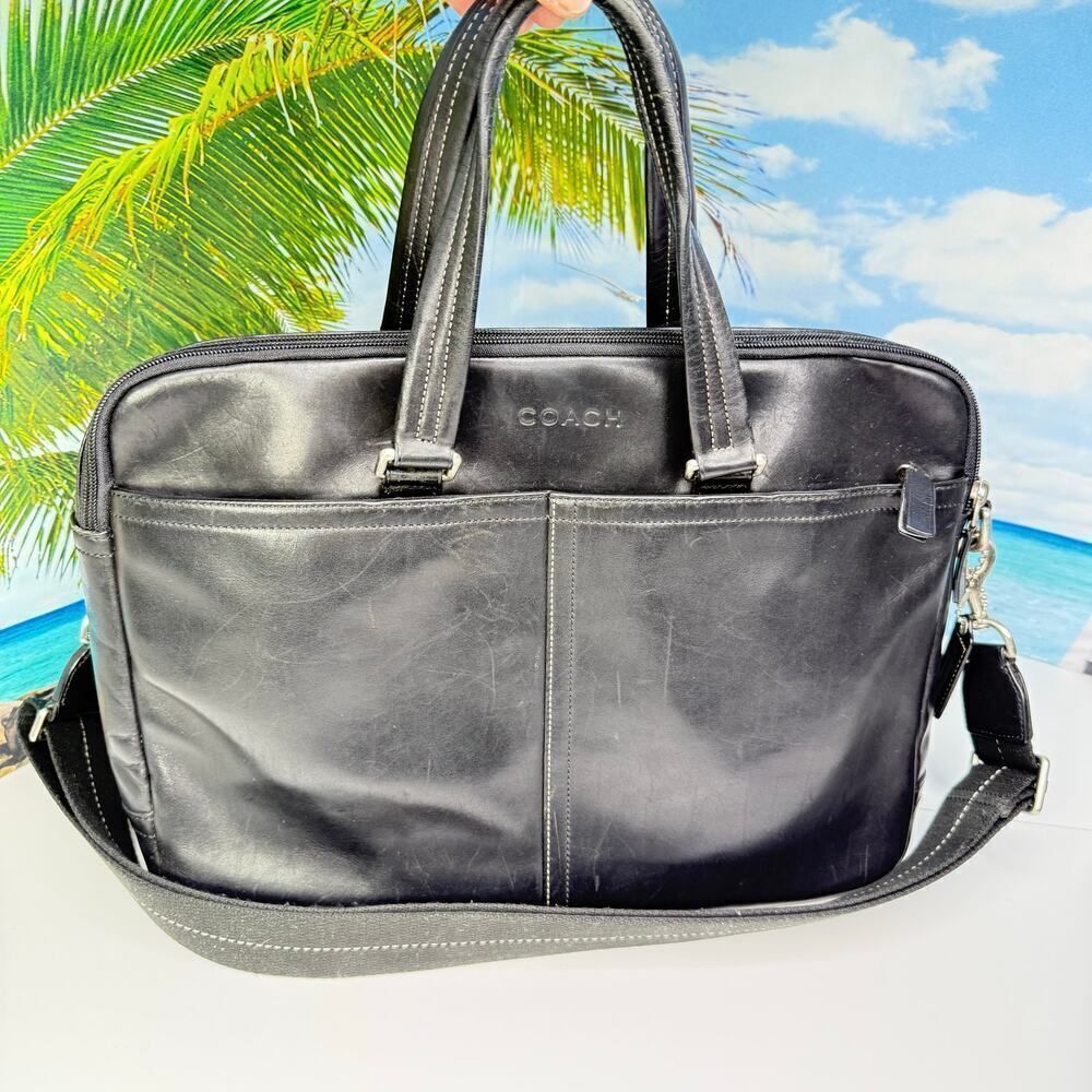 COACH F70707 Lexington Smooth Black Leather Office Commuter Briefcase Laptop Bag